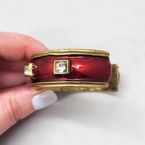 Vintage 1980s Signed Gerard Yosca Red Enamel & Clear Rhinestone Cuff Bracelet - Picture 4 of 8